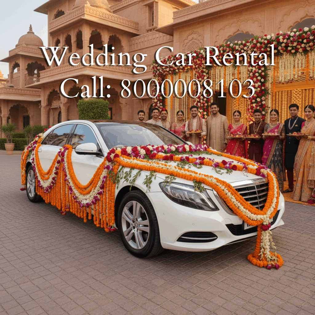 Luxury Mercedes-Benz S-Class sedan decorated with white flowers for a Gujarati wedding in Ahmedabad.