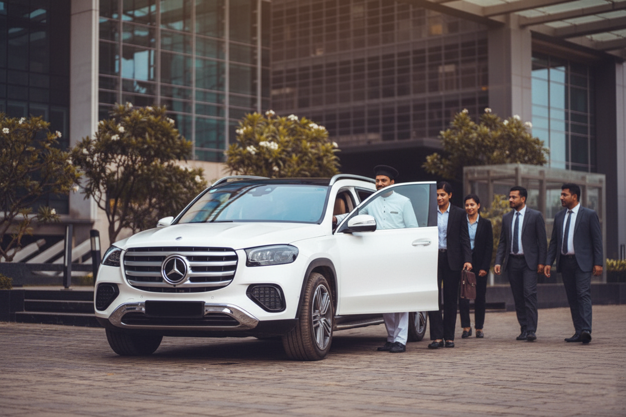 Chauffeur-driven Mercedes-Benz GLS 450d luxury SUV rental in Ahmedabad at a 7-star corporate hotel entrance with business executives and a white-dressed Indian driver.